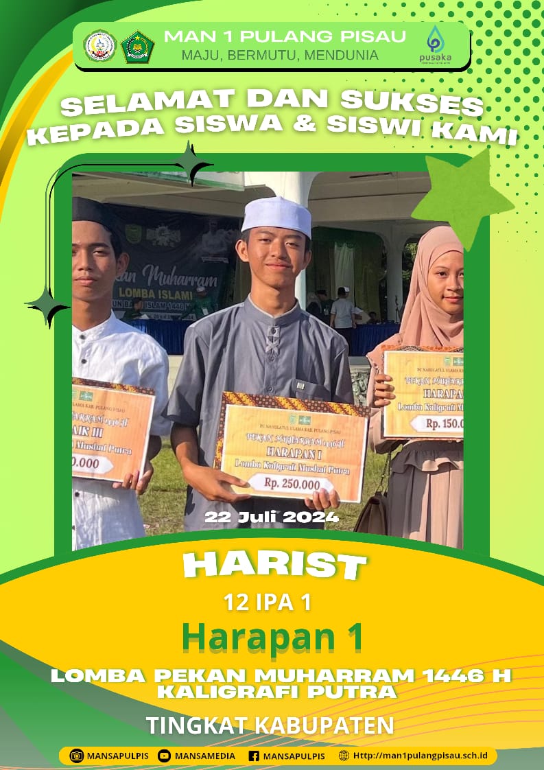 Harist Berhasil Meraih Juara Harapan 1 Kaligrafi Putra